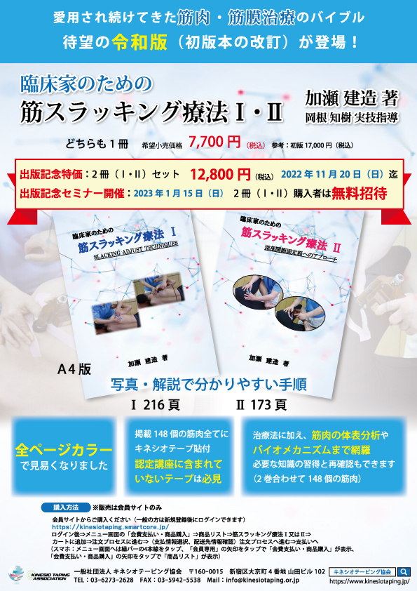 一般社団法人キネシオテーピング協会の会長・加瀬 建造氏による、臨床家のための書籍『筋スラッキング療法Ⅰ』『筋スラッキング療法Ⅱ  』（各改訂版）を9月下旬に刊行！ - 一般社団法人キネシオテーピング協会のプレスリリース