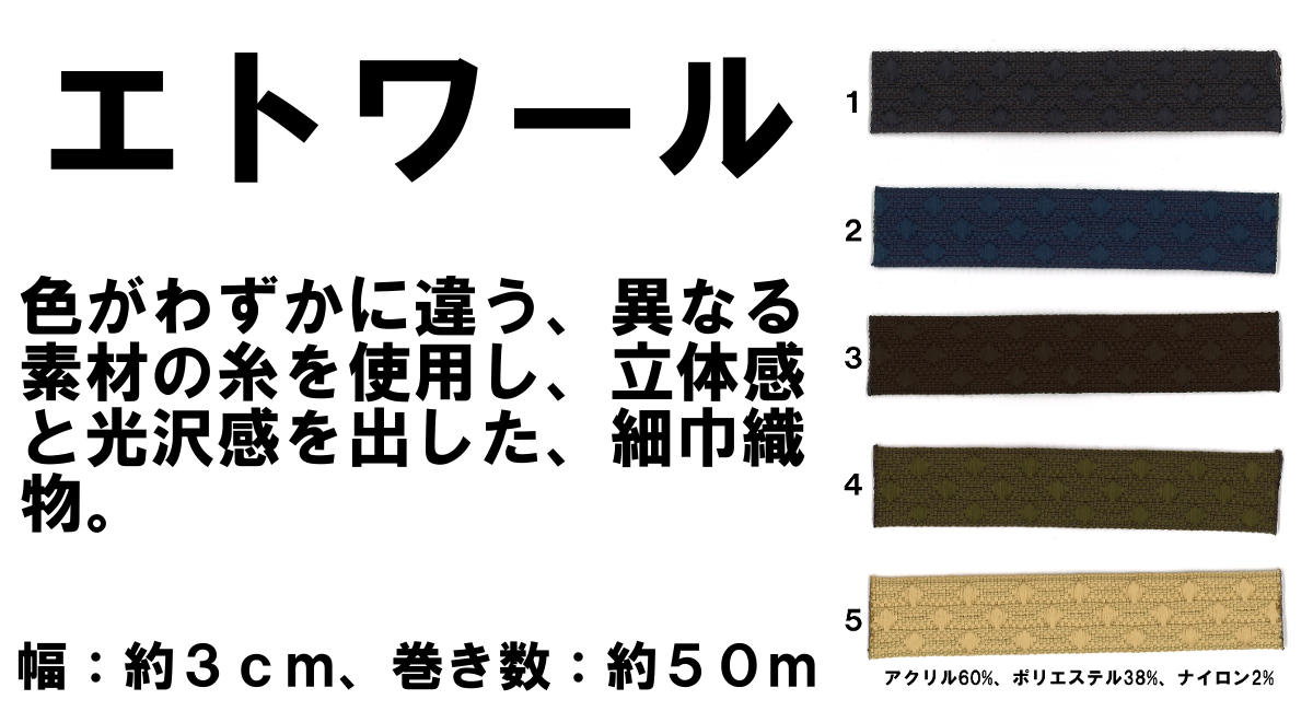 わずかな色違いかつ異素材の糸を使い より立体感かつ光沢感のある織り柄を表現したテープ ３０ｍｍ エトワール 新発売 森製紐株式会社のプレスリリース