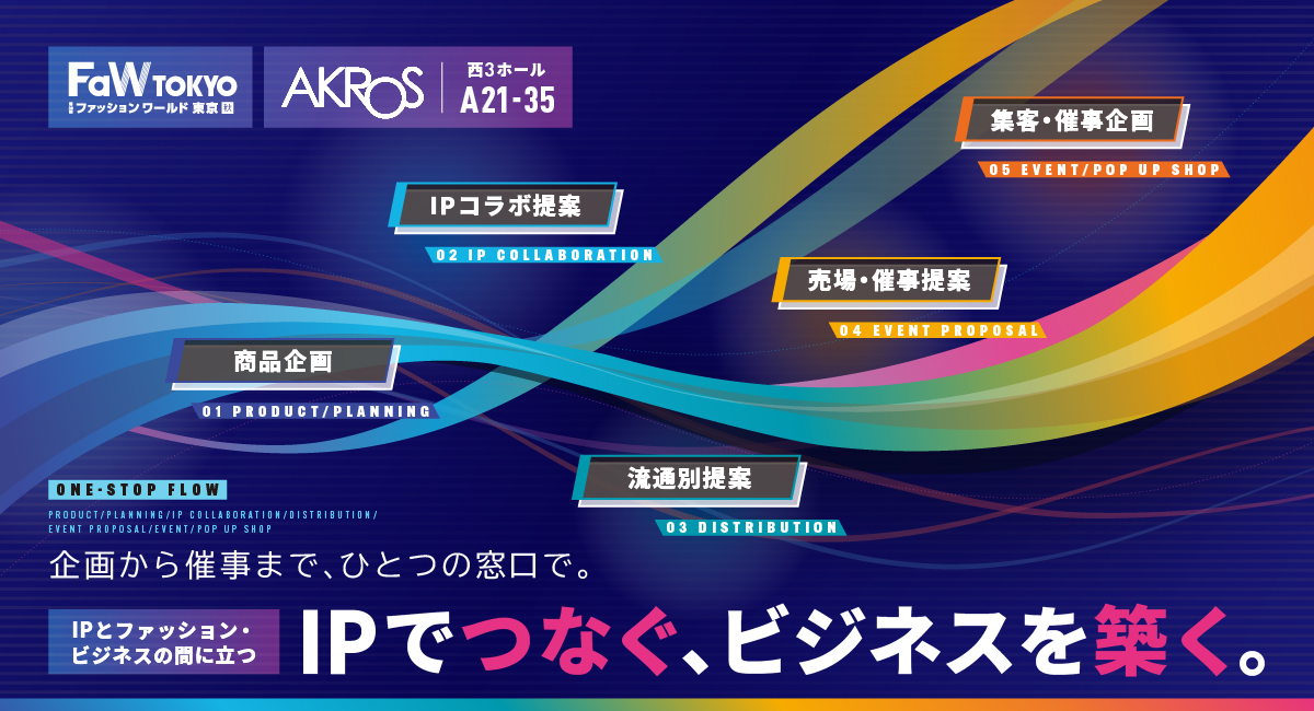 IPコラボの企画・商品化をはじめ、催事・POP UP SHOPなどを手がける有限会社アクロスが、10月7日～9日開催の「IP×ファッションEXPO」に出展。