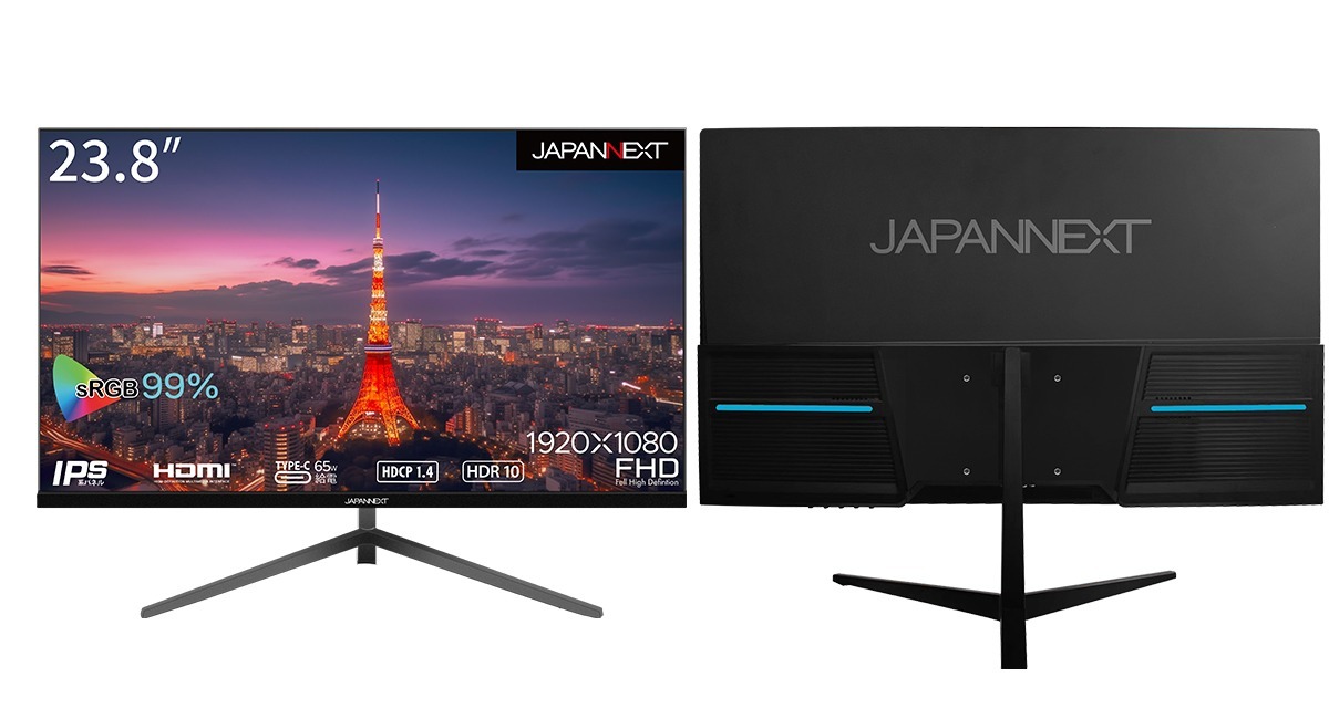 JAPANNEXTがIPSパネル搭載23.8インチフルHD HDMI、65W給電対応のUSB-C