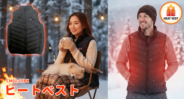 寒い季節も快適に!~お手持ちのモバイルバッテリーで、どこでも暖かく、スマートに防寒対策~「ヒートベストCM01-15BK」
