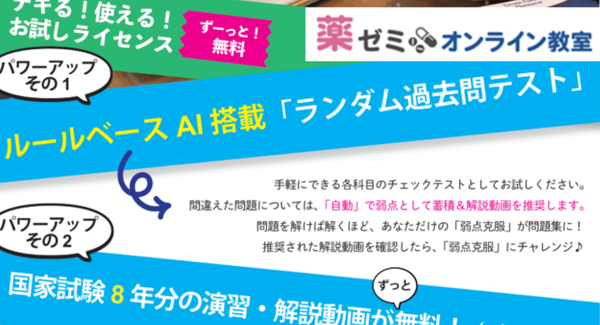 薬剤師国試に向けた弱点克服を効率的に！  ルールベースAIを搭載した「ランダム過去問テスト」が薬ゼミオンライン教室無料お試しライセンスに登場！（全問に解説動画付） - 学校法人  医学アカデミーのプレスリリース