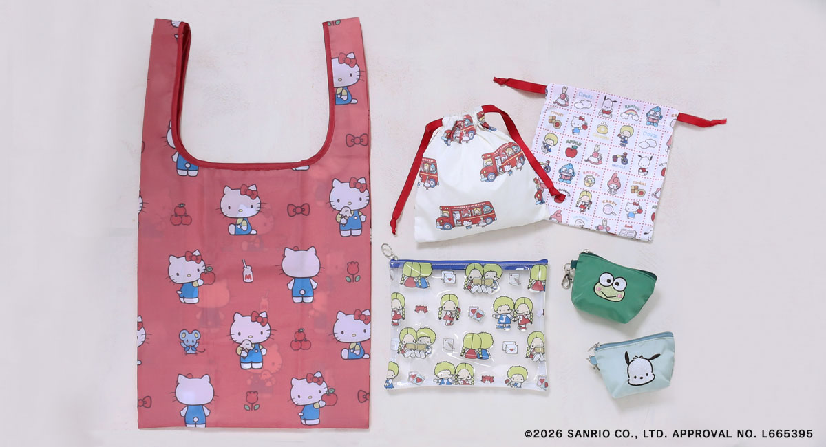 サンリオキャラクターズがカラフルな巾着やポーチに！　ベーシックで持ち歩きやすいデザイン　雑貨店・ブルーブルーエで3/1～取り扱い開始