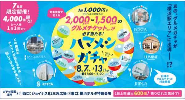 1,000円で最大2,000円分のグルメチケットが当たる!「ハマメシガチャ」8/7(金)-13(木)開催