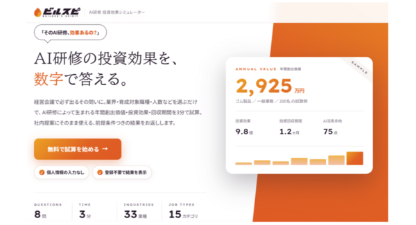 経産省も課題視する"AI投資のROI"を3分で可視化『ビルスピ』、AI人材育成の投資効果を試算する『AI研修 ROIシミュレーター』を提供開始