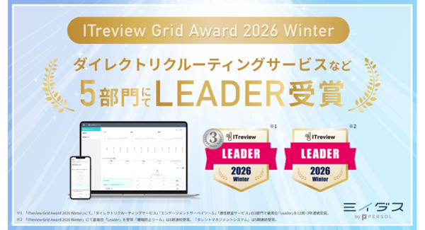 中途採用サービス『ミイダス』、「ITreview Grid Award 2026 Winter」にて5部門で最高位「Leader」を受賞