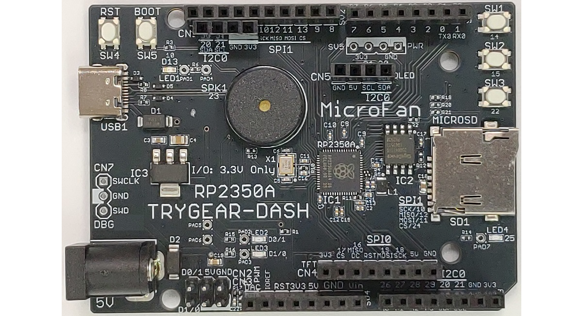 マイクロファン、教育用マイコン基板「TRYGEAR-DASH RP2350A」発売！基本入出力を標準実装しC/C++, Pythonのプログラミング学習を効率化