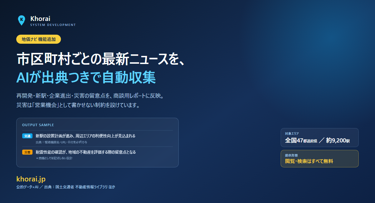 不動産営業向けデータサービス「地価ナビ」、市区町村単位の最新ニュースをAIが自動収集する機能を追加——災害情報は「営業機会」として書かせない設計を採用
